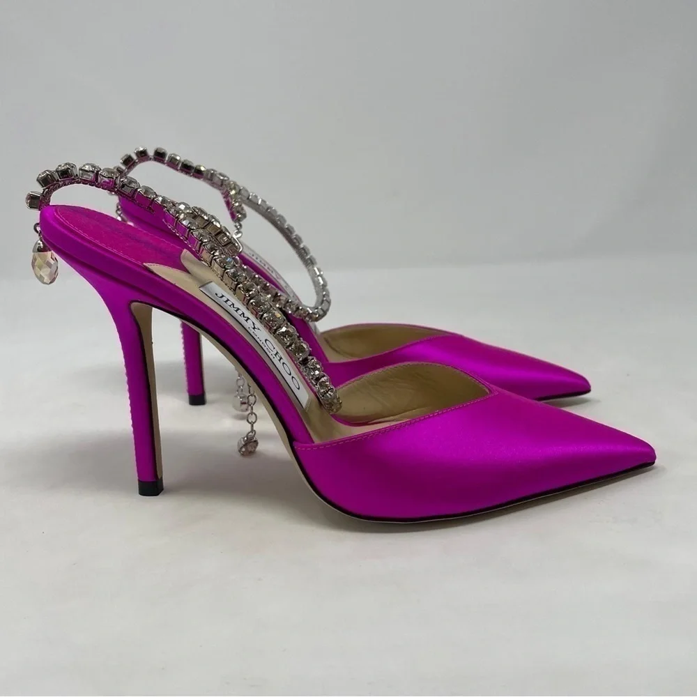 Jimmy Choo Saeda‎ 100mm Ankle Strap Pumps in Fuschia Satin with Crystal Chain - Picture 7 of 16